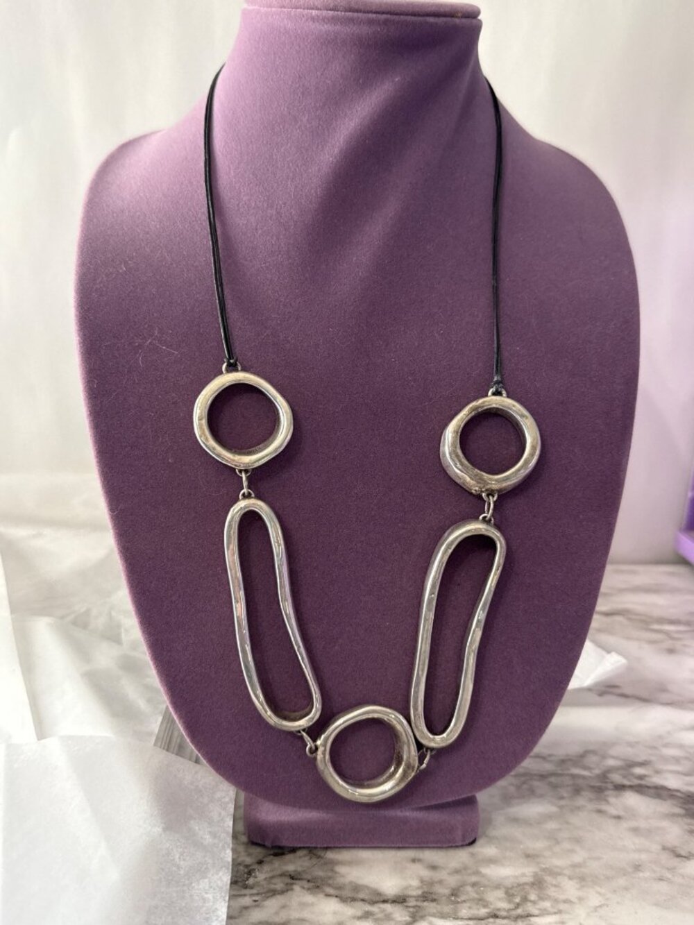 Abstract Silver Tone Necklace Circular Oval Links Black Cord Marked Israel 18”